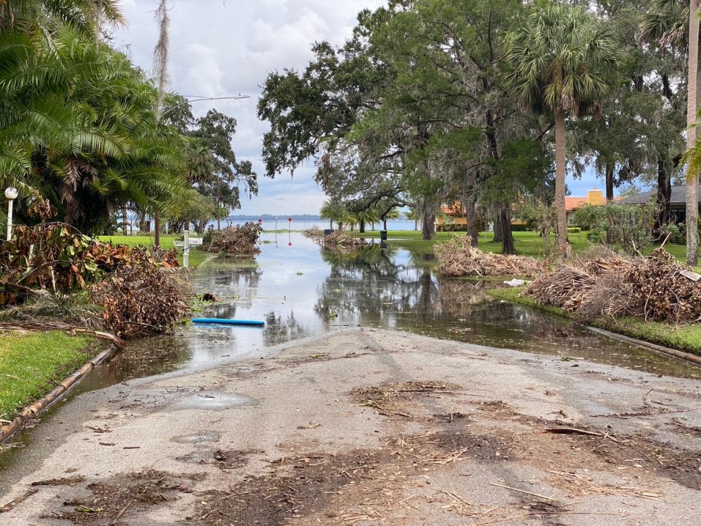 A flooded street in Sanford, Florida neighborhood after Hurricane Ian.